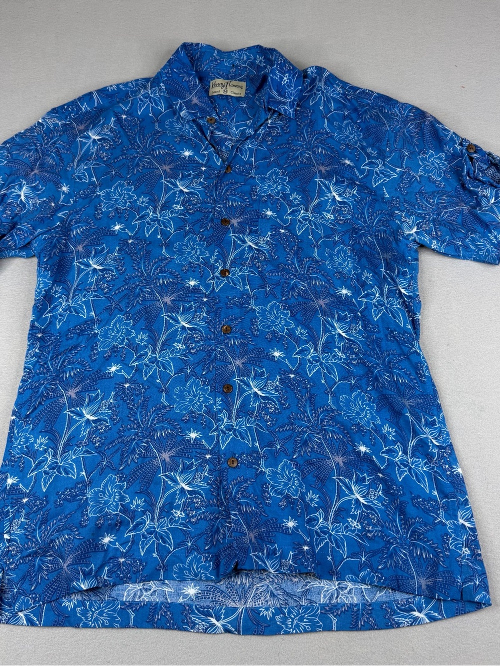 Kenny Flowers Hawaiian Shirt Medium Blue Tropical Rayon Bali Camp Shirt